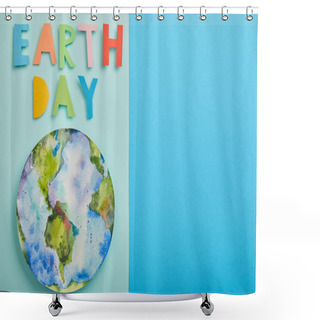 Personality  Top View Of Colorful Paper Letters And Planet Picture On Green And Blue Background, Earth Day Concept Shower Curtains