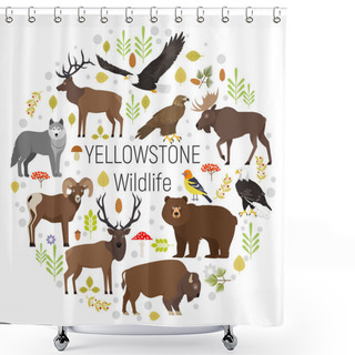 Personality  Circle Vector Set Of Plants And Yellowstone National Park Animals Grizzly, Moose, Elk, Bear, Wolf, Golden Eagle, Bison, Bighorn Sheep, Bald Eagle, Western Tanager, Isolated On Transparent Background Shower Curtains
