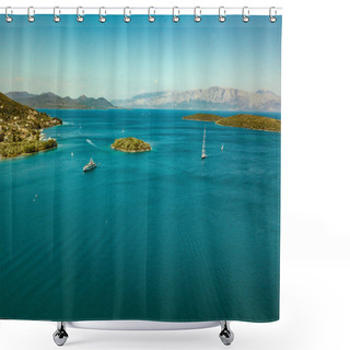 Personality  Aerial View Of Blue Sea With Little Town On Shore And Little Island With Floating Sailing Boats At Summer Time Shower Curtains