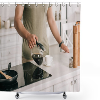 Personality  Partial View Of Asian Man Pouring Coffee In Cup While Standing Near Cooking Surface In Kitchen Shower Curtains