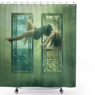 Personality  Levitation Portrait Young Woman In Her House Shower Curtains