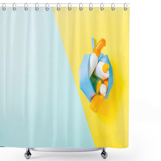 Personality  Top View Of Female Cosmetics Bag Full Of Suncream Spray, Sunsreen, Sunblock And Body Lotion And Spf Cream On Blue And Yellow Background With Copy Space. Directly Above. Bright Summer Concept Shower Curtains