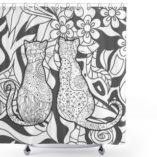 Personality  Square Intricate Background. Hand Drawn Ornate Cats. Black And White Illustration Shower Curtains