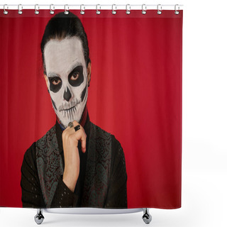 Personality  Man In Spooky Skeleton Makeup Holding Hand Near Chin And Looking At Camera On Red, Day Of Dead Shower Curtains