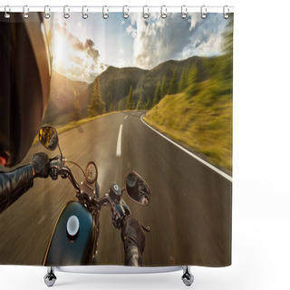 Personality  POV Of Motorbiker Holding Steering Bar, Riding In Alps Shower Curtains