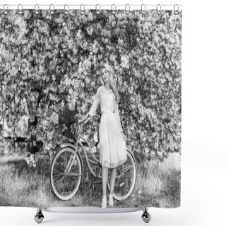 Personality  Seasonal Allergy. Girl Vintage Cruiser Bicycle Near Sakura Tree. Woman In Garden. Aroma Concept. Sakura Tree Blooming. Sakura Season. Tender Fragrance. Hobby And Leisure. Transportation And Travel. Shower Curtains