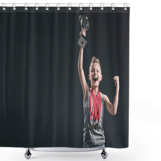 Personality  Portrait Of Happy Boy In Sportswear With Medals And Champions Cup Gesturing On Black Background Shower Curtains