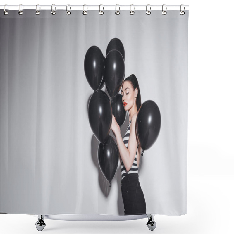 Personality  Stylish Woman With Black Balloons Shower Curtains