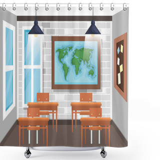 Personality  Global Map With Desks And Note Board In The Classroom Shower Curtains