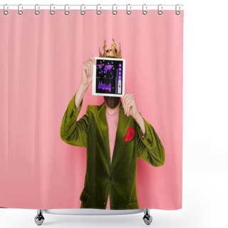 Personality  Man With Crown Holding Digital Tablet With Online Business Division App Isolated On Pink Shower Curtains