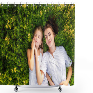 Personality  Top View Of Happy Mother And Daughter Relaxing While Lying In Flowery Meadow Shower Curtains