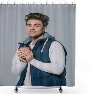 Personality  Handsome Man In Warm Waistcoat Holding Coffee To Go, Isolated On Grey Shower Curtains