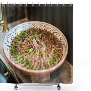Personality  Dish Of Runny Beef Stir Fry With Onion On The Table Shower Curtains