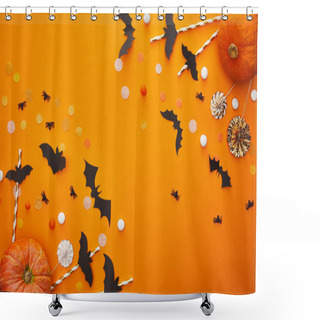 Personality  Top View Of Pumpkin, Bats And Spiders With Confetti On Orange Background, Halloween Decoration Shower Curtains