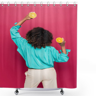 Personality  Back View Of African American Woman Posing With Halves Of Ripe Orange Isolated On Pink Shower Curtains