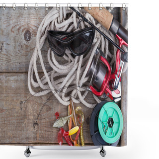 Personality  Fishing Tackles On Wooden Board With Rope Shower Curtains