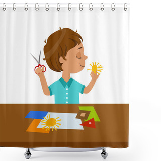 Personality  Boy Cutting Sun Shape For Paper Applique, Elementary School Art Class Vector Illustration Shower Curtains