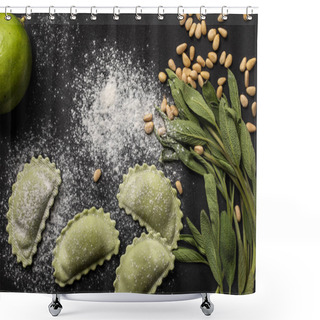 Personality  Green Raw Ravioli, Pine Nuts, Herb, Lime And Flour On Black Background Shower Curtains