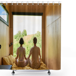 Personality  Back View Of Couple Meditating Together And Sitting On Bed Next To Window With Forest View Shower Curtains