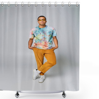Personality  Trendy African American Man With Hands In Pockets On Grey, Orange Pants, Sunglasses, Tie-dye T-shirt Shower Curtains