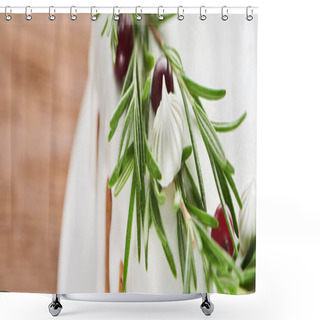 Personality  Close Up Of Christmas Cake With Icing, Rosemary And Cranberries On Wooden Table  Shower Curtains
