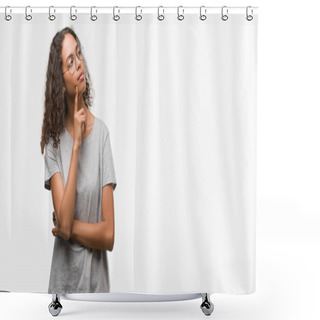 Personality  Beautiful Young Hispanic Woman Wearing Glasses With Hand On Chin Thinking About Question, Pensive Expression. Smiling With Thoughtful Face. Doubt Concept. Shower Curtains