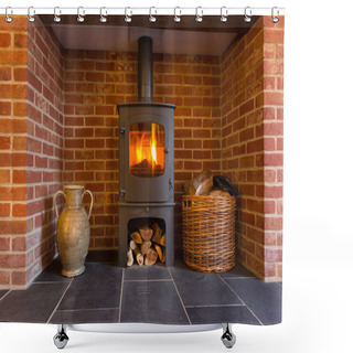 Personality  Wood Burning Stove In Brick Fireplace Shower Curtains