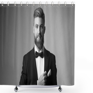 Personality  Portrait Of Elegant Man With Beard In Black Classic Suit. Shower Curtains