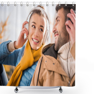 Personality  Cheerful Young Couple In Headphones  Shower Curtains