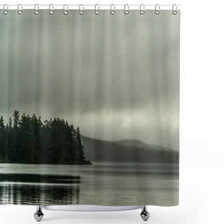 Personality  Canada Ontario Lake Two Rivers Grey Morning Dark Atmosphere Little Pinetree Island On Water Algonquin National Park Shower Curtains