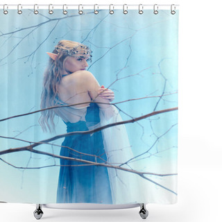 Personality  A Young Woman In A Blue Dress, Resembling An Elf Princess, Stands Gracefully In Front Of A Majestic Tree. Shower Curtains