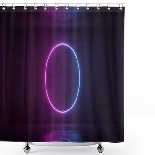 Personality  3d Render Of Neon Circle Frame On Background In The Room. Banner Design. Retrowave, Synthwave, Vaporwave Illustration. Shower Curtains