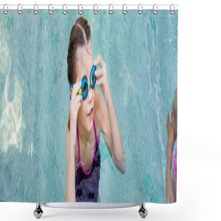 Personality  Horizontal Image Of Girl In Pool Touching Swim Goggles While Looking Away Shower Curtains