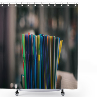 Personality  Colored Plastic Straws For Drinking On Blurred Background Shower Curtains