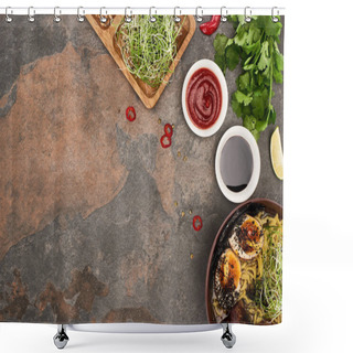 Personality  Top View Of Spicy Meat Ramen Near Fresh Ingredients And Sauces On Stone Surface Shower Curtains