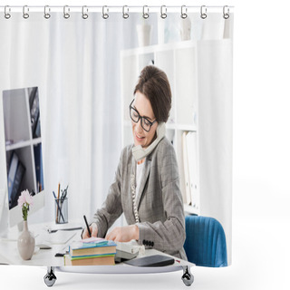 Personality  Smiling Attractive Businesswoman Talking By Stationary Telephone In Office Shower Curtains