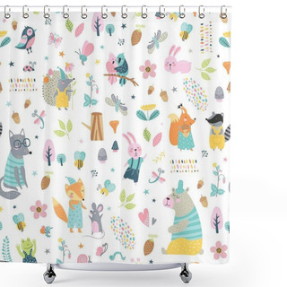 Personality  Seamless Childish Pattern With Woodland Animals. Cute Hedgehog, Bear, Raccoon, Fox, Bunny, Squirrel, Wolf In Clothes, Funny Characters. Creative Scandinavian Kids Texture For Fabric, Wrapping, Textile Shower Curtains
