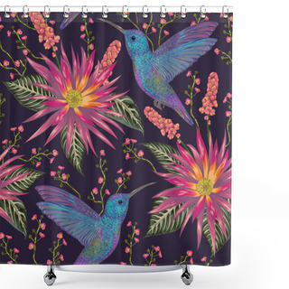 Personality  Seamless Pattern With Hummingbird, Tropical Flowers,berries And Leaves. Exotic Flora And Fauna. Vintage Hand Drawn Vector Illustration In Watercolor Style Shower Curtains