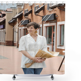 Personality  Elderly Woman Holding Bouquet Of Flowers And Looking Away On Urban Backdrop, Summer, White Outfit Shower Curtains