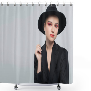 Personality  Stylish Woman In Black Blazer And Fedora Hat Looking At Camera Isolated On Grey Shower Curtains