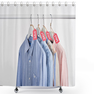 Personality  Elegant Shirts Hanging With Sale Labels Isolated On White Shower Curtains