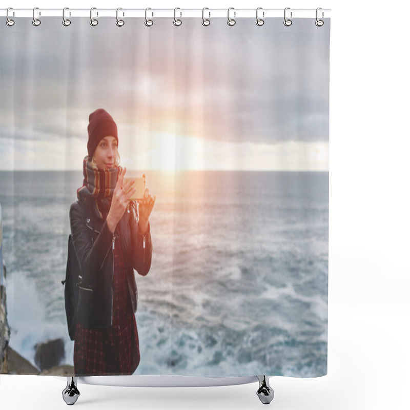 Personality  Female Taking Pictures Of Ocean Landscape Shower Curtains