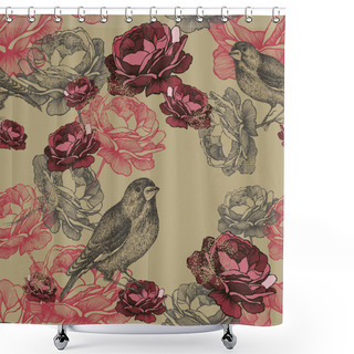 Personality  Vector Illustration. Seamless Floral Pattern With Roses And Bird Shower Curtains