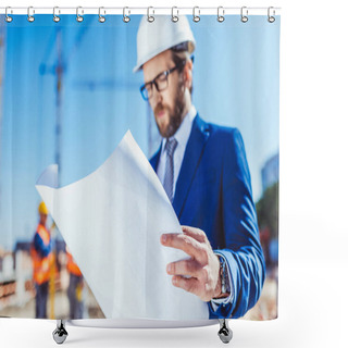 Personality  Businessman In Hardhat Examining Building Plans Shower Curtains
