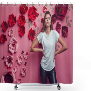 Personality  Sexy Woman In A White T-shirt On A Pink Background With Flowers. Shower Curtains