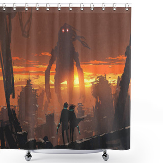 Personality  Couple With Gun Looking At Giant Robot Shower Curtains