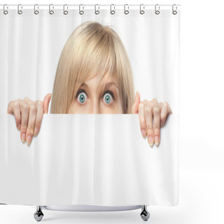 Personality  Surprised Young Woman Holding White Empty Paper Shower Curtains