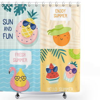 Personality  Hello Summer Poster. Funny Fruits, Pineapple In Sunglasses And Tropical Fruit Beach Party Banner Vector Illustration Set Shower Curtains