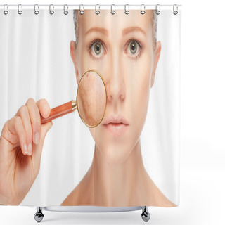Personality  Concept Skincare. Skin Of Woman With Magnifier Before And After  Shower Curtains