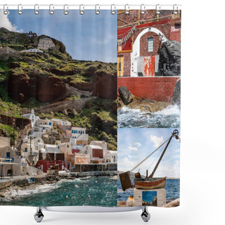 Personality  SANTORINI, GREECE - APRIL 10, 2020: Collage Of Aegean Sea Near Houses And  Rusty Boat With Bell Marine Hellas Lettering  Shower Curtains